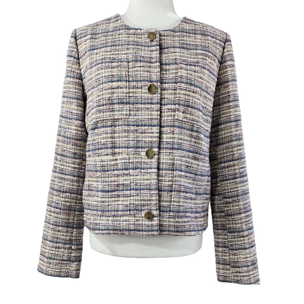 Halogen Multicolor Tweed Collarless Button-Up Bla… - image 1